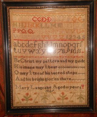 Good Antique Small Colorful Needlework Sampler,  Mary Langcake Aged 11 Years 1829