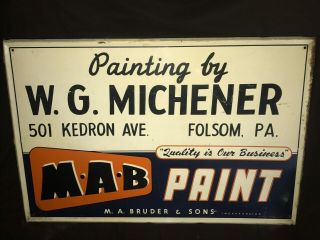 Painting By W.  G.  Michener Folsom Pa M.  A.  Bruder Mab Paint Metal Sign Vtg 35 "