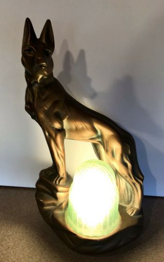Vintage Art Deco Dog Lamp Bronze Color Chalkware Green Glass Shade