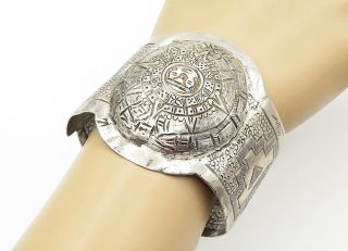 Southwestern 925 Silver - Vintage Mayan Aztec Sun Calendar Cuff Bracelet - B6368