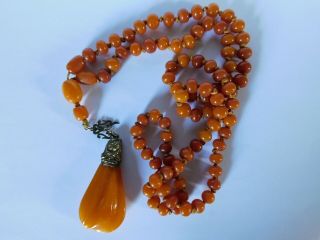 Antique Natural Amber Beads Necklace & Large Amber Pendant 40.  7 Grams