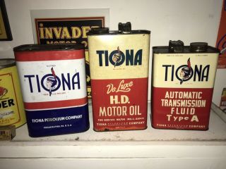 (3) Rare Tiona Petroleum Co Motor Oil Cans - Tiopet Indian Gas Sign Tin Pa