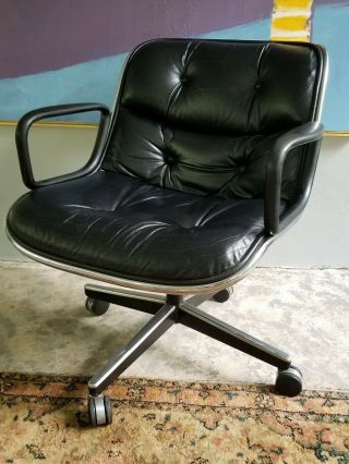 C.  1980 Vintage Charles Pollock Knoll Executive Desk/arm Chair/black Leather (4)