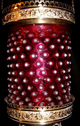 LARGE ANTIQUE B & H HANGING HALL OIL LAMP (CRANBERRY OPALESCENT HOBNAIL SHADE) 3