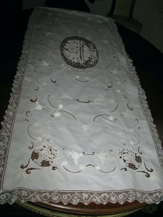 Antique Italian Point De Venise Needle Lace And Linen Runner 24 " X68 " Table Ready