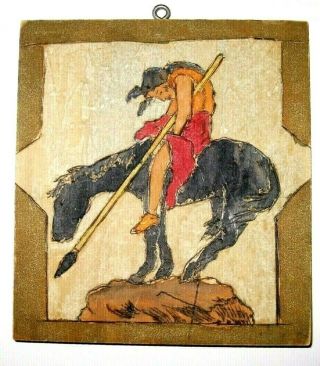 Vintage Western Folk Art Picture Painting Wood Plaque End Of The Trail Indian