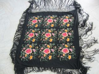 Antique Black Silk Floral Embroidered Piano Shawl