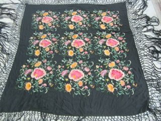 ANTIQUE BLACK SILK FLORAL EMBROIDERED PIANO SHAWL 2
