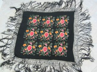 ANTIQUE BLACK SILK FLORAL EMBROIDERED PIANO SHAWL 3
