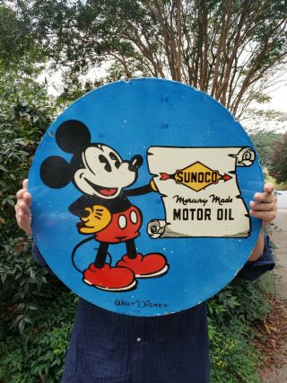 Rare Vintage Porcelain 2 - Sided Sunoco Mickey Mouse Gas Sign 24” Harley Ford