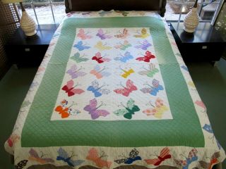 Outstanding Vintage Feed Sack Hand Sewn Applique Butterfly Quilt,  80 " X 76 "