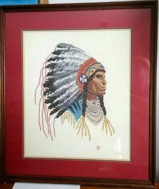 Vintage Native American In Head Dress Framed Counted Cross Stitch Picture Large