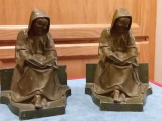 Antique Art Deco Spelter Reading Monk Bookends 8 Inch