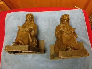 ANTIQUE ART DECO SPELTER READING MONK BOOKENDS 8 INCH 3