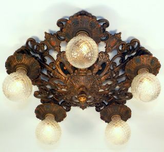 Rewired Antique Victorian Cast Iron Flush Chandelier Ceiling Light Orig.  Finish