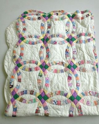 Vintage 30s Double Wedding Ring Quilt Patchwork Feed Sack Hand Quilted