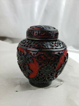 Vintage Chinese Cinnabar Ginger Jar Black On Red Lacquer Enamel Floral