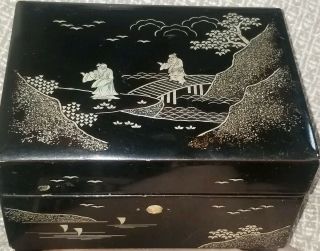 Japanese Vtg Jewelry & Music Box Black Lacquered Inlay Mother Of Pearl