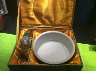 Vintage Oriental Hand Painted Tea Set W/ Silk Lined Box.  Makers Stamp On Bottom