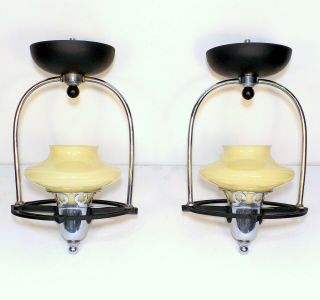 Pair 30s Antique Art Deco Slip Shade Ceiling Light Fixtures Black Chrome Custard