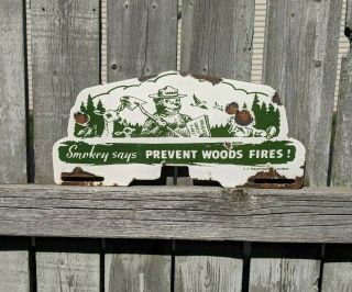 Smokey The Bear Porcelain Sign License Topper Prevent Woods Fires Us Doa Vintage