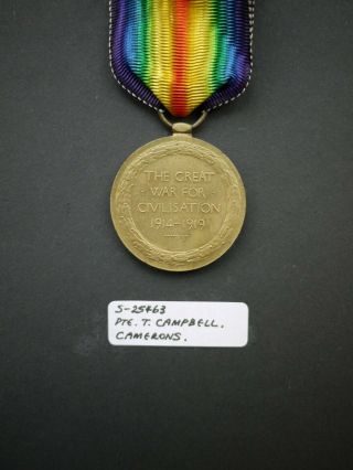 WWI Victory Medal S - 25463 PTE.  T.  CAMPBELL.  CAMERONS.  entitled Silver War Badge 2