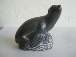 Vtg Al Wolf Inuit Alaskan Figural Seal Soapstone Carving Sculpture Signed W.  E We