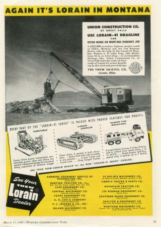 1949 Lorain Crane Ad Union Construction Co.  Great Falls Montana Highway