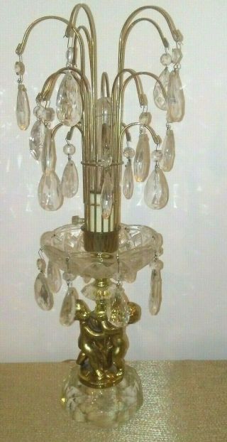 Vintage Golden Putti Cherubs Crystal Waterfall Lamp Great