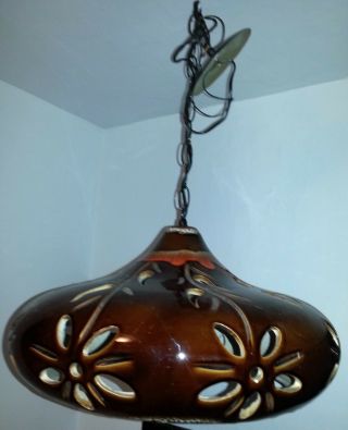 Maurice Chalvignac 70s Pottery Large Round Pierced Lava Drip Glaze Hanging Lamp