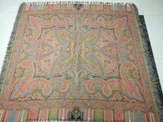 Antique French Paisley Kashmir Square Piano Shawl Wool Size57 " X57c Multicolor