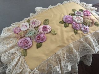 True Antique Victorian Edwardian Boudoir Lace Silk Ribbon Work Flowers Pillow