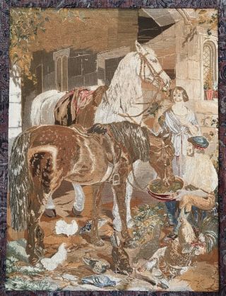 Large 19th Century Needlework Berlinwork Tapestry,  Horses,  Barnyard 43 X 32in