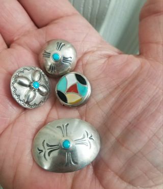 Vintage Sterling Navajo & Zuni Multi Stone Inlay & Turquoise Button Covers