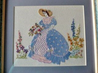 Vintage Hand Embroidered Picture /framed - Crinoline Lady - So Pretty