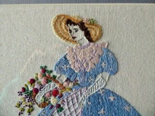 VINTAGE HAND EMBROIDERED PICTURE /FRAMED - CRINOLINE LADY - SO PRETTY 2