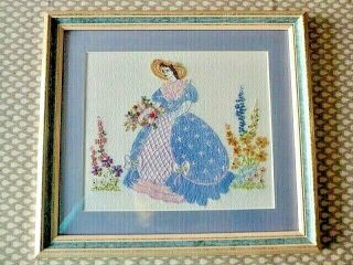 VINTAGE HAND EMBROIDERED PICTURE /FRAMED - CRINOLINE LADY - SO PRETTY 3