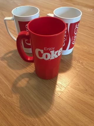 3 Vintage Red & White Coca - Cola Enjoy Coke Plastic Cup Mug Handle