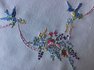 Gorgeous Vintage Linen Hand Embroidered Tablecloth Bluebirds/florals/ribbons