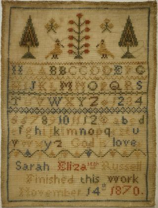 Mid/late 19th Century Alphabet & Motif Sampler By Sarah Elizabeth Russell - 1870