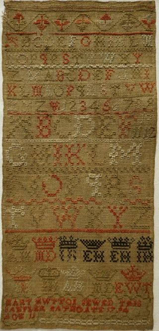 Late 18th Century Scottish Alphabet & Crown Sampler By Mary Hutton Age 11 - 1794