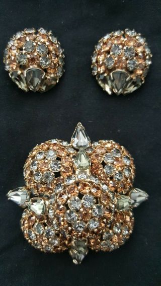 Stunning Warner Vintage Golden Amber/ Black Diamond Rhinestone Brooch & Earrings