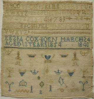 Mid 19th Century Motif & Alphabet Sampler By Kezia Cox Aged 13 - 1854