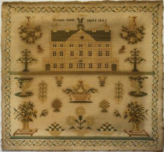 Mid 19th Century Mansion House & Motif Sampler By Isabella Smith Aged 9 - 1845