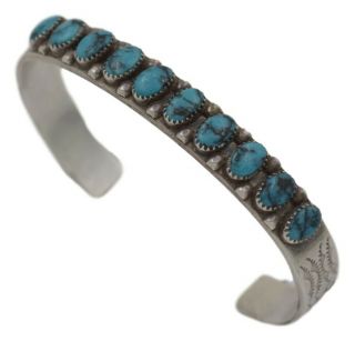 Signed Vintage Navajo Old Pawn Ten Turquoise Stone Sterling Silver Cuff Bracelet