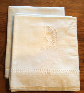 A Pair Large Antique French Embroidered Linen Bed Sheet - Initialled Pd