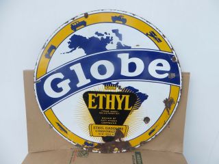 30 " Round Authentic 1920 Globe Ethyl Gasoline Porcelain Sign Gas & Oil Co.
