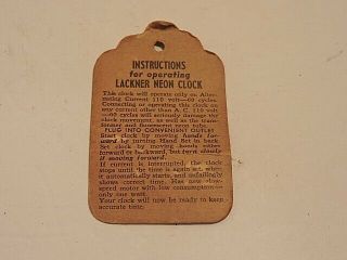 Lackner Neon Clock Instruction Tag
