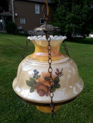 Vtg Hurricane Hanging Swag Lamp Large Irridescent Amber Colored