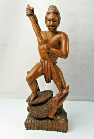 Vintage African Tribal Wood Art Hand Carved Hunter & Alligator Statue